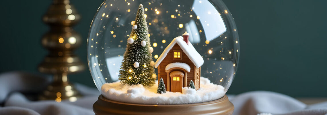 Boule à neige avec bâtiment miniature et logo, posée sur un bureau en bois avec ambiance lumineuse et texte marketing en surimpression