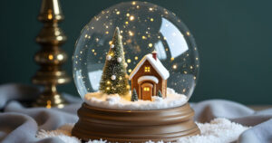 Boule à neige avec bâtiment miniature et logo, posée sur un bureau en bois avec ambiance lumineuse et texte marketing en surimpression