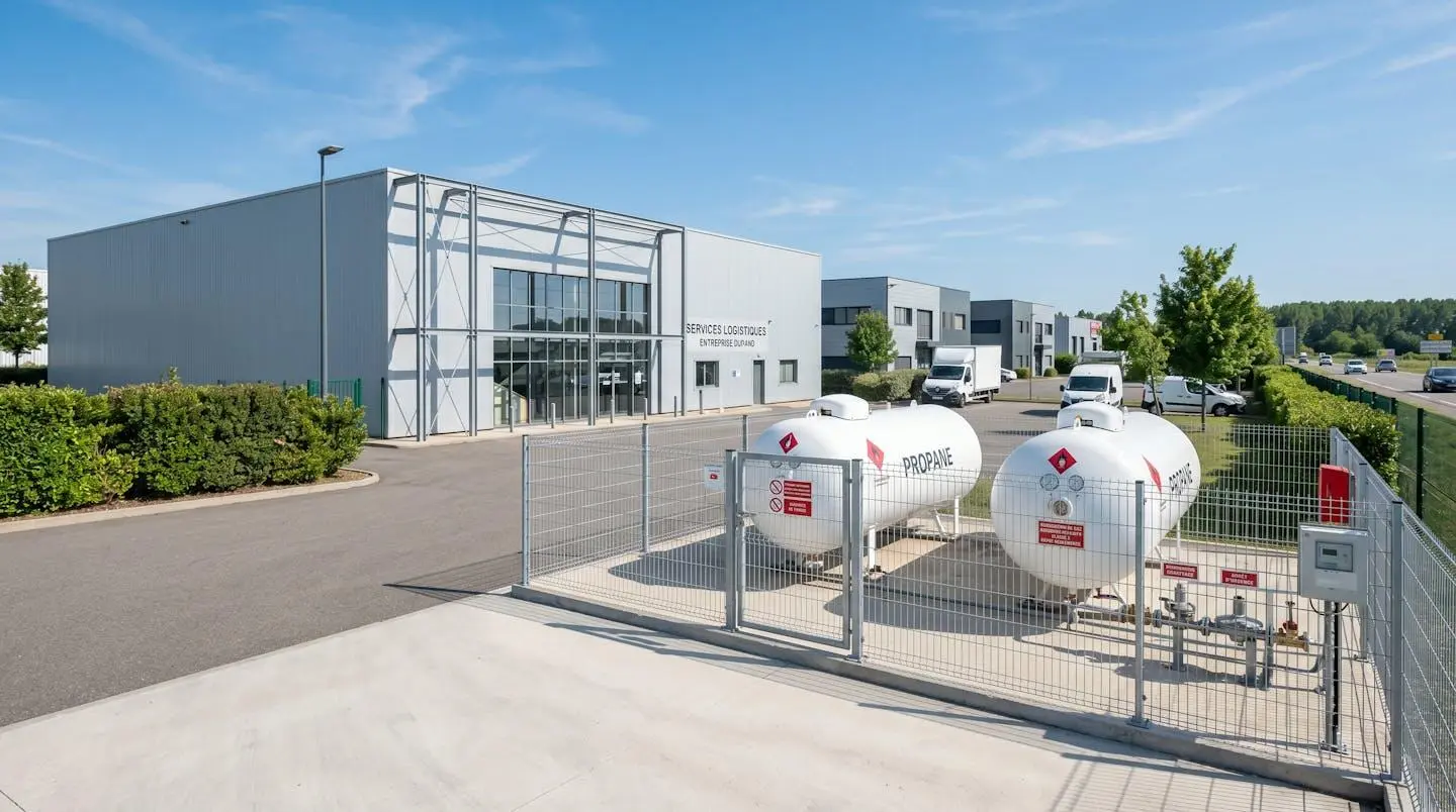 Citerne de gaz propane installée dans un environnement professionnel extérieur moderne avec ciel dégagé