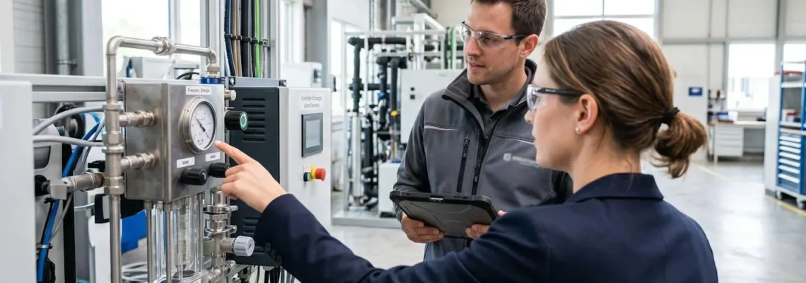 Deux professionnels en discussion dans un environnement industriel moderne, l'un pointant du doigt un équipement énergétique