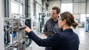 Deux professionnels en discussion dans un environnement industriel moderne, l'un pointant du doigt un équipement énergétique