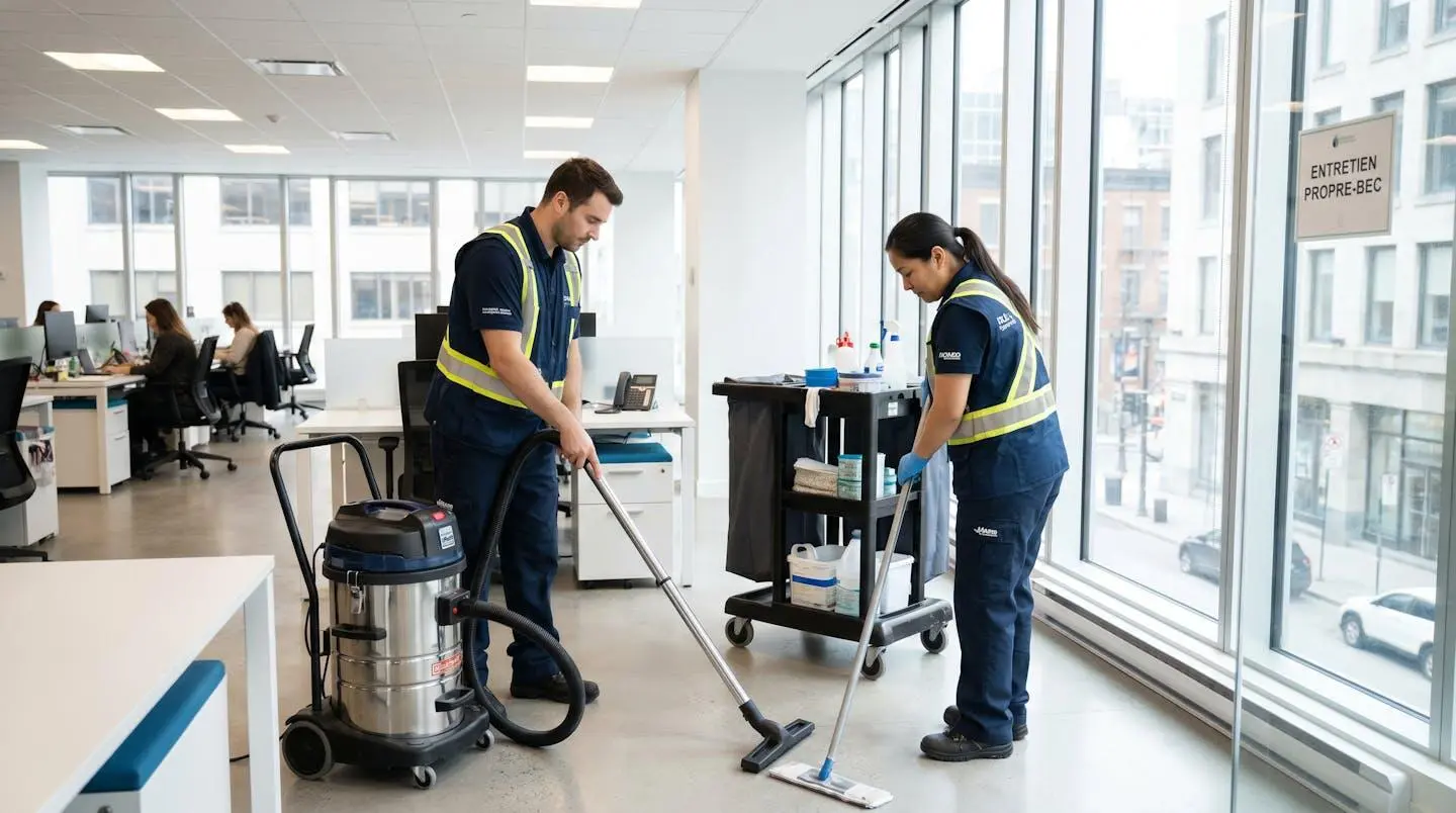 Équipe d'entretien ménager écologique dans un espace de bureau commercial en Estrie avec équipements professionnels