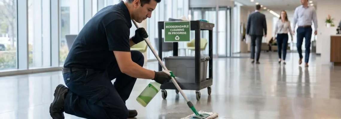Technicien en entretien commercial appliquant un produit biodégradable sur le sol d'un espace de vente en Estrie