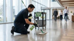 Technicien en entretien commercial appliquant un produit biodégradable sur le sol d'un espace de vente en Estrie