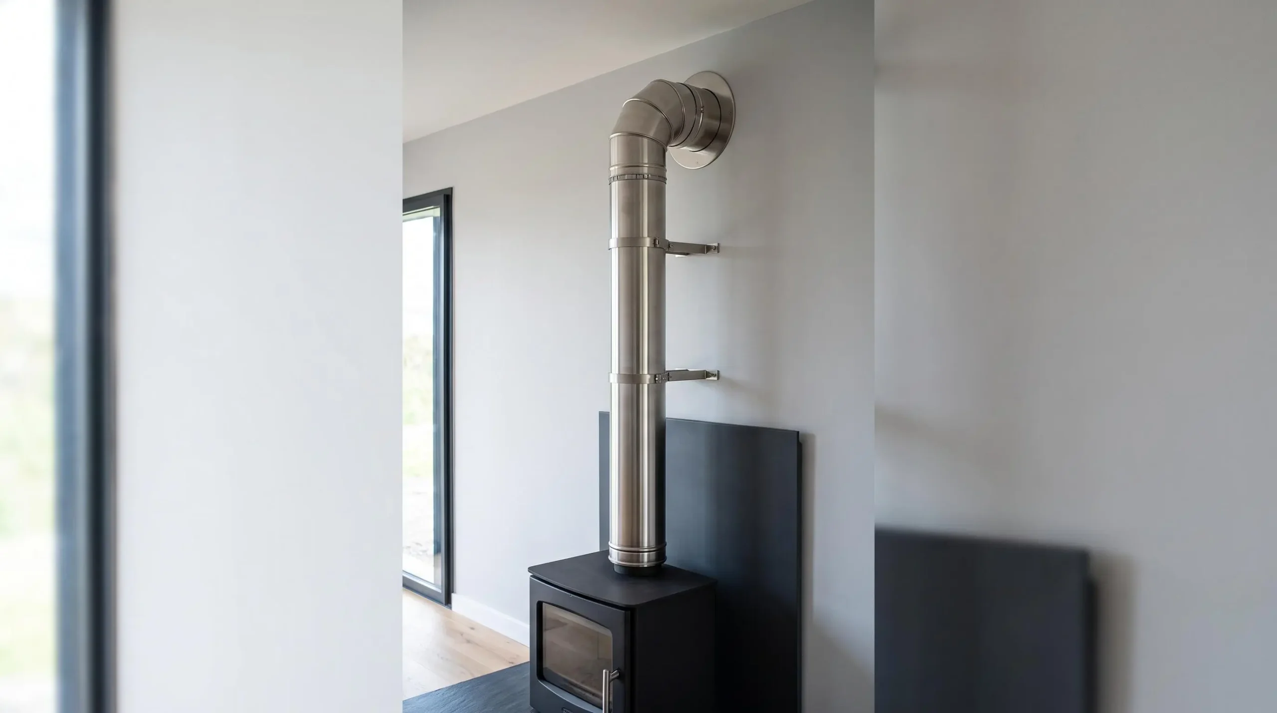 Conduit d'évacuation fumées en inox double paroi installé le long d'un mur intérieur avec plaque de protection murale noire et coude vers plafond