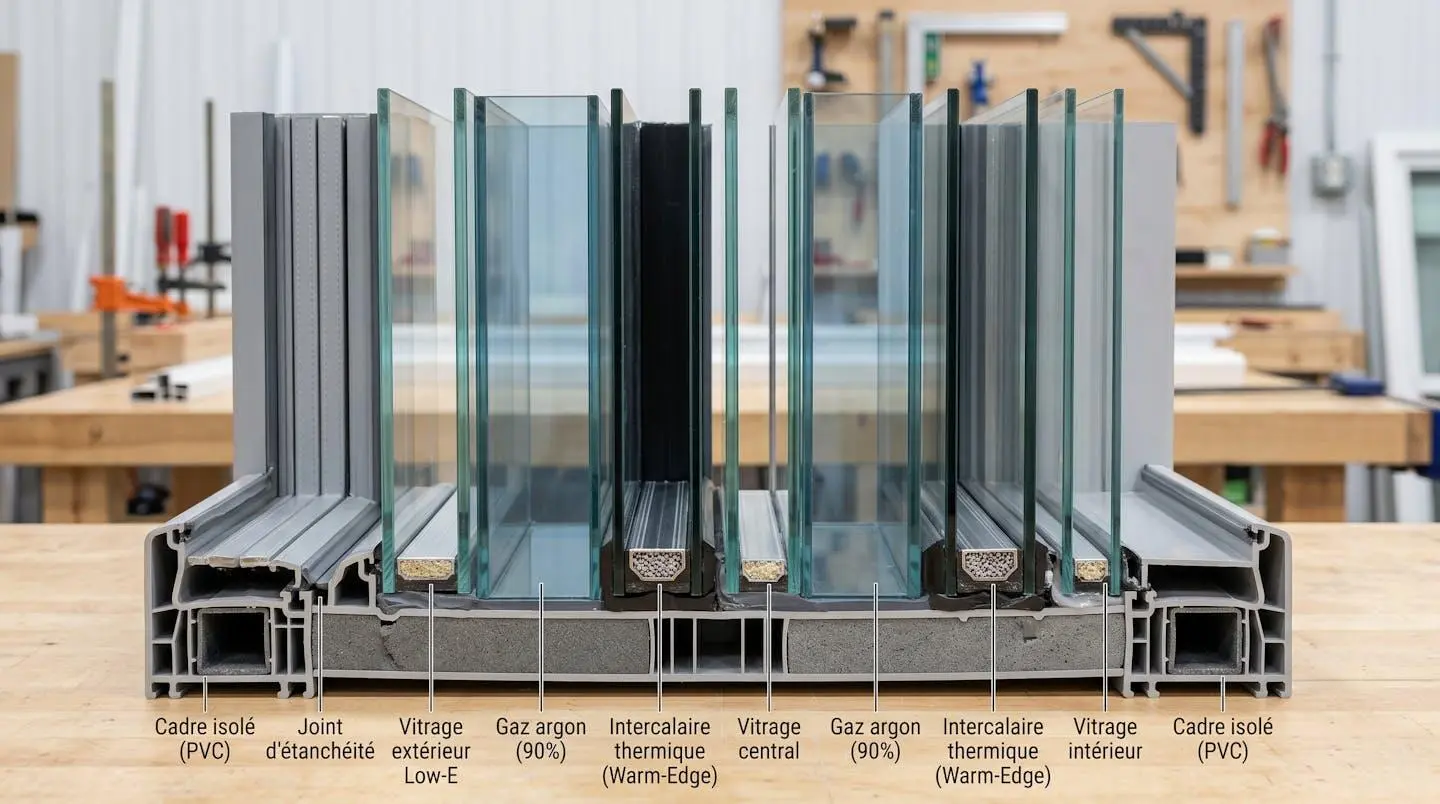 Coupe transversale réelle d'une fenêtre haute performance montrant triple vitrage, intercalaire thermique, gaz argon et revêtement Low-E, avec annotations en français identifiant chaque composant