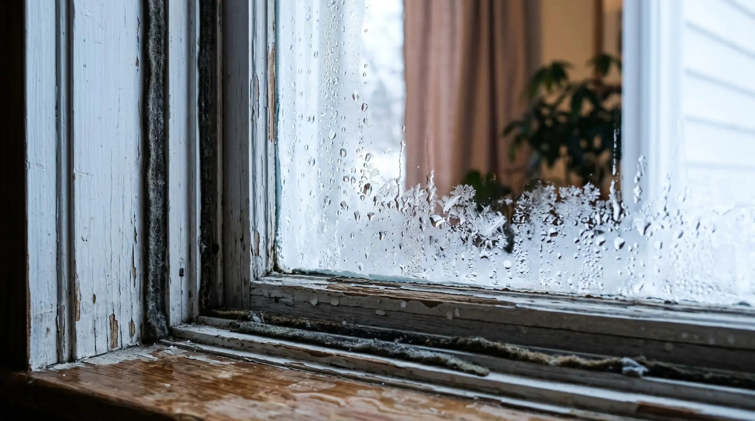 Gros plan sur fenêtre résidentielle avec condensation excessive et givrage intérieur, cadre en bois vieilli et joints détériorés, illustrant les pertes thermiques durant l'hiver québécois