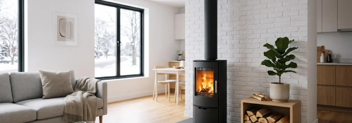 Poêle à bois compact en fonte noire installé dans un studio contemporain avec baie vitrée, flammes visibles, mobilier moderne minimaliste, parquet bois clair et murs blancs