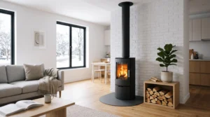 Poêle à bois compact en fonte noire installé dans un studio contemporain avec baie vitrée, flammes visibles, mobilier moderne minimaliste, parquet bois clair et murs blancs