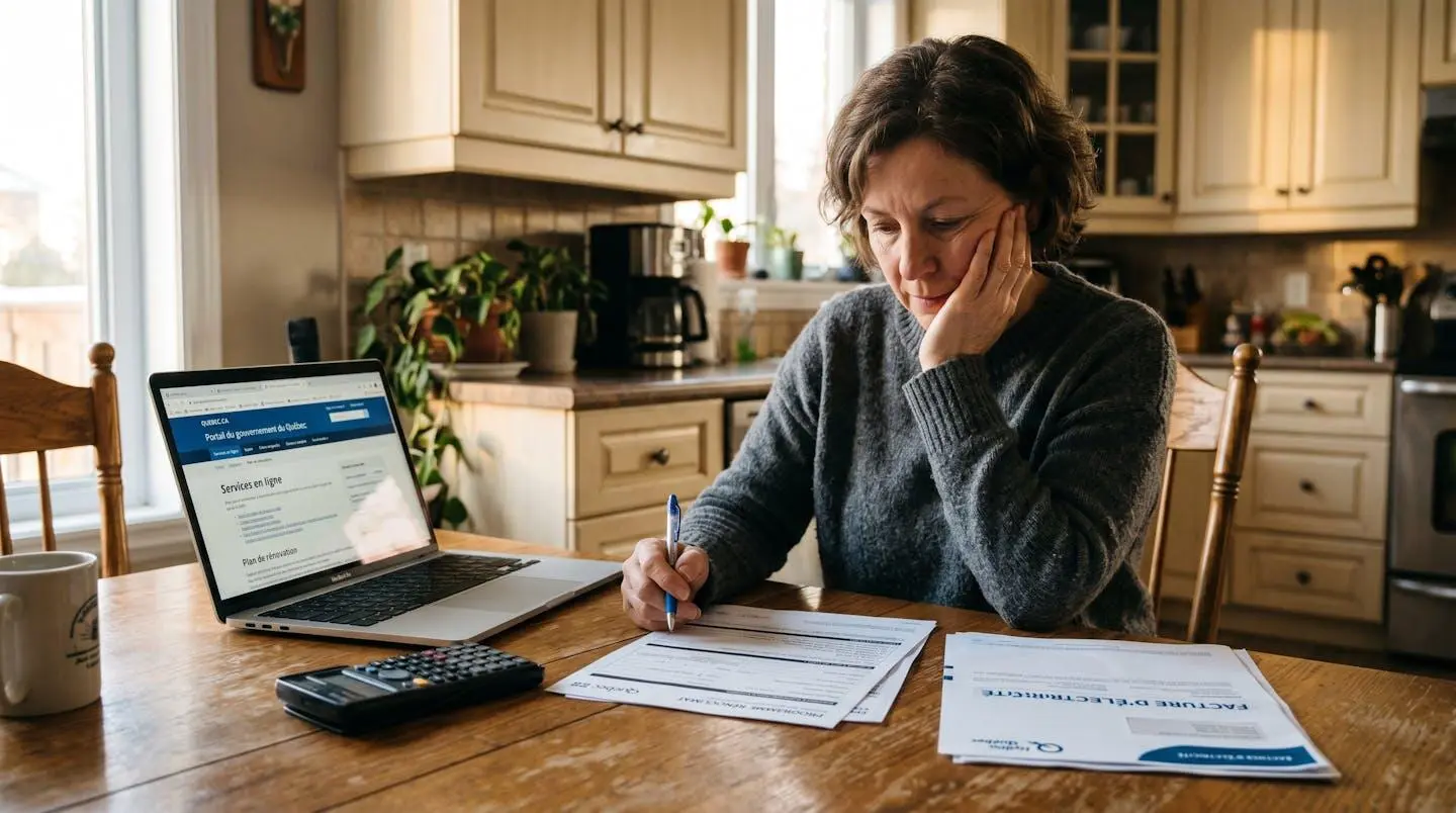 Propriétaire québécois consultant documents officiels du programme Rénoclimat et formulaires de subvention canadienne à table de cuisine, avec ordinateur portable affichant site gouvernemental en français et factures Hydro-Québec