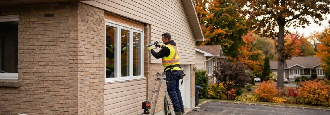 Technicien certifié installant une fenêtre triple vitrage sur une maison unifamiliale de la Rive-Sud de Montréal, avec échelle stabilisée et outils professionnels visibles, en contexte automnal québécois
