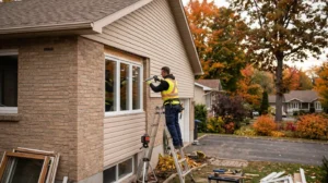 Technicien certifié installant une fenêtre triple vitrage sur une maison unifamiliale de la Rive-Sud de Montréal, avec échelle stabilisée et outils professionnels visibles, en contexte automnal québécois