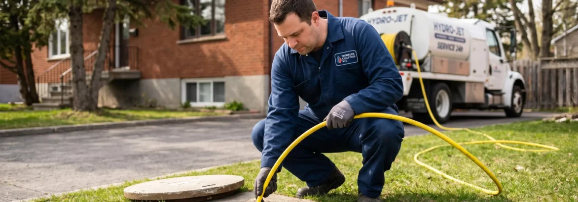 Technicien plombier certifié accroupi devant regard de visite ouvert sur pelouse résidentielle, manipulant flexible hydrocurage haute pression jaune connecté à camion équipement, maison brique rouge Montréal arrière-plan, intervention professionnelle débouchage drain en cours