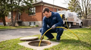Technicien plombier certifié accroupi devant regard de visite ouvert sur pelouse résidentielle, manipulant flexible hydrocurage haute pression jaune connecté à camion équipement, maison brique rouge Montréal arrière-plan, intervention professionnelle débouchage drain en cours