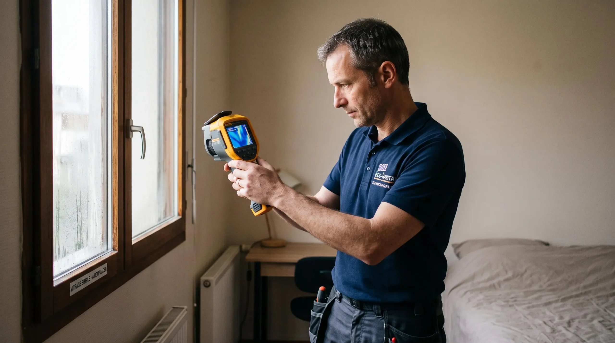 Technicien RGE utilisant un appareil de mesure thermique numérique pointé vers une fenêtre dans un petit appartement pour diagnostic dimensionnement chauffage