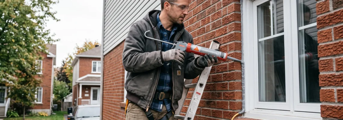 Professionnel appliquant du calfeutrage autour d'une fenêtre sur une résidence canadienne en brique