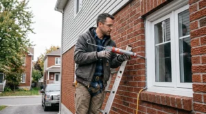 Professionnel appliquant du calfeutrage autour d'une fenêtre sur une résidence canadienne en brique