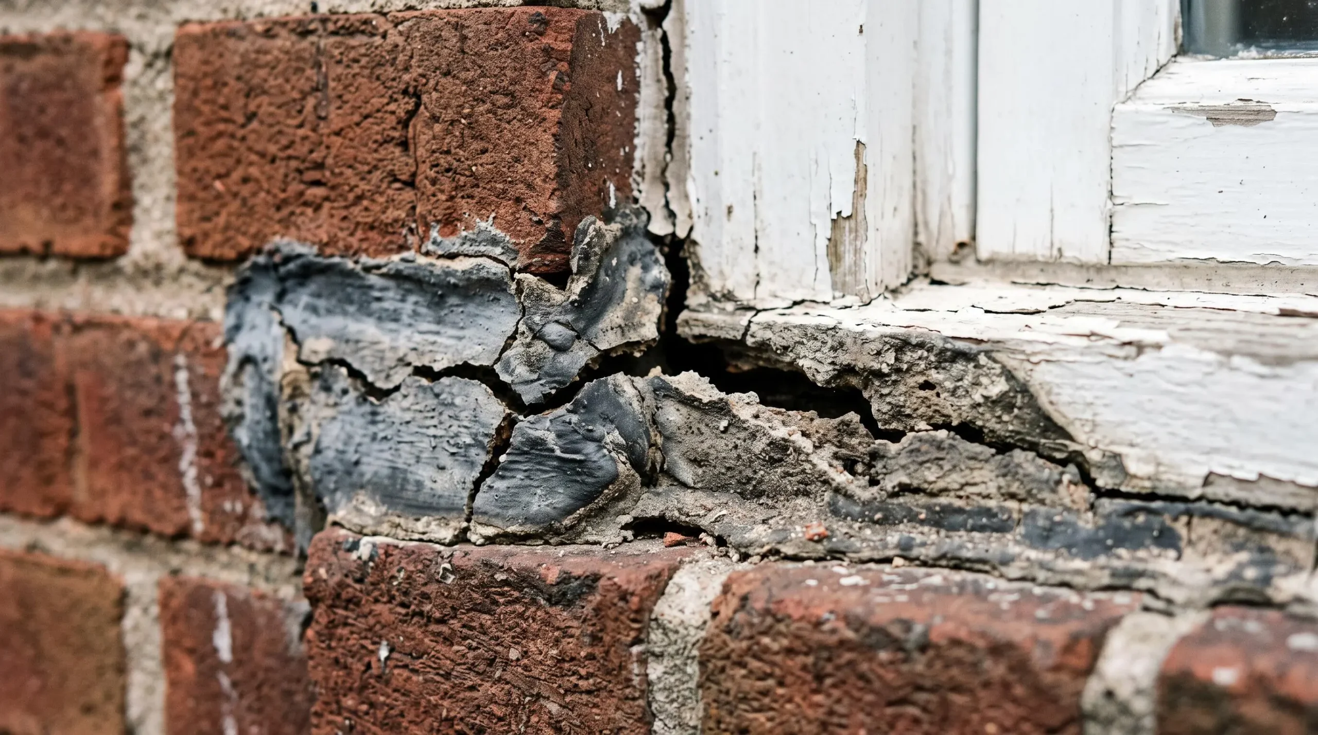Gros plan sur du calfeutrage extérieur fissuré et détérioré autour d'une fenêtre résidentielle