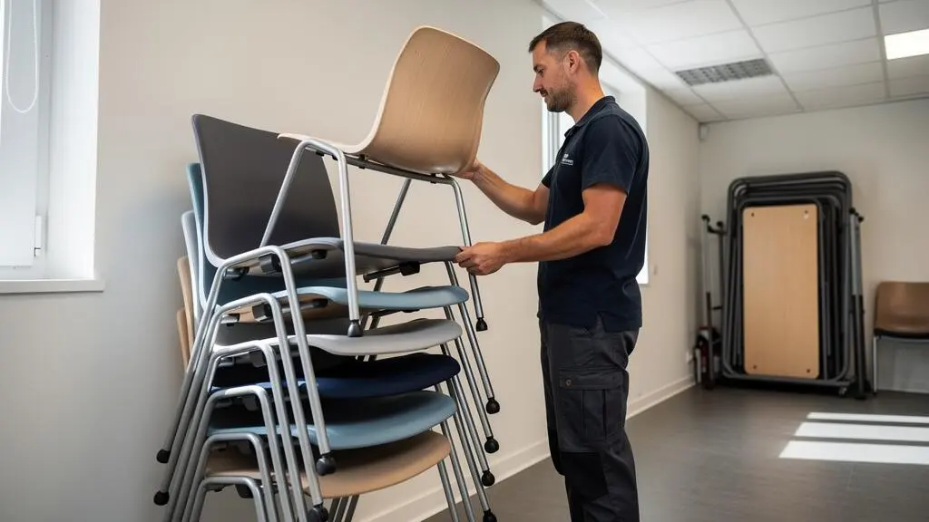 Professionnel empilant des chaises de réunion modulaires dans une salle polyvalente de bureau
