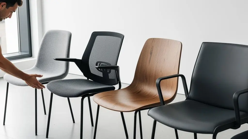 Comparaison de différents modèles de chaises de réunion présentant des matériaux variés : tissu, mesh, bois et finitions polymères