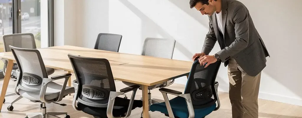 Professionnel examinant des chaises de réunion ergonomiques autour d'une table de conférence dans une salle de réunion moderne