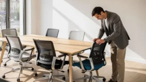 Professionnel examinant des chaises de réunion ergonomiques autour d'une table de conférence dans une salle de réunion moderne