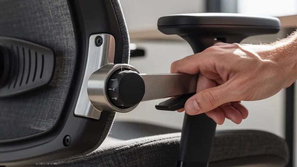 Gros plan d'une main ajustant le mécanisme de soutien lombaire ergonomique d'une chaise de réunion professionnelle