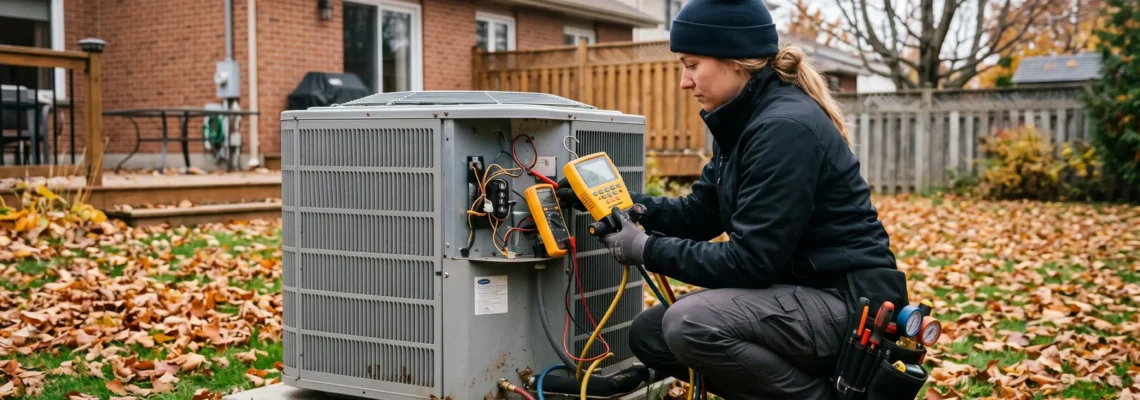 Technicien CVAC effectuant l'entretien préventif d'une thermopompe extérieure devant une maison résidentielle québécoise en automne