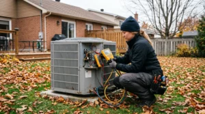 Technicien CVAC effectuant l'entretien préventif d'une thermopompe extérieure devant une maison résidentielle québécoise en automne