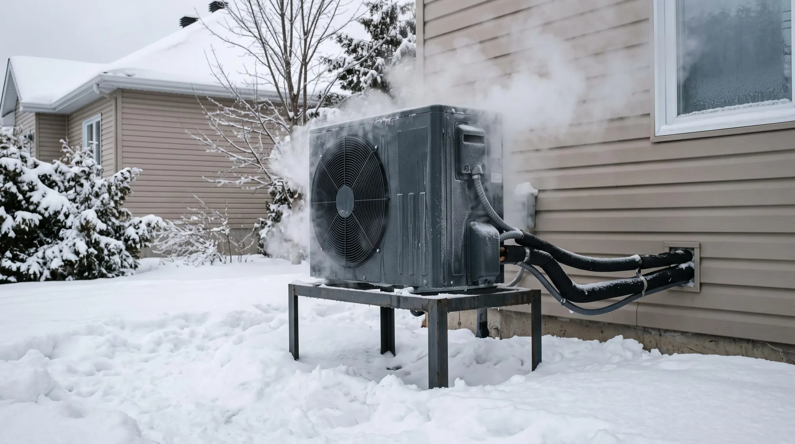Unité extérieure de thermopompe en fonctionnement durant l'hiver québécois avec neige au sol et vapeur de condensation visible