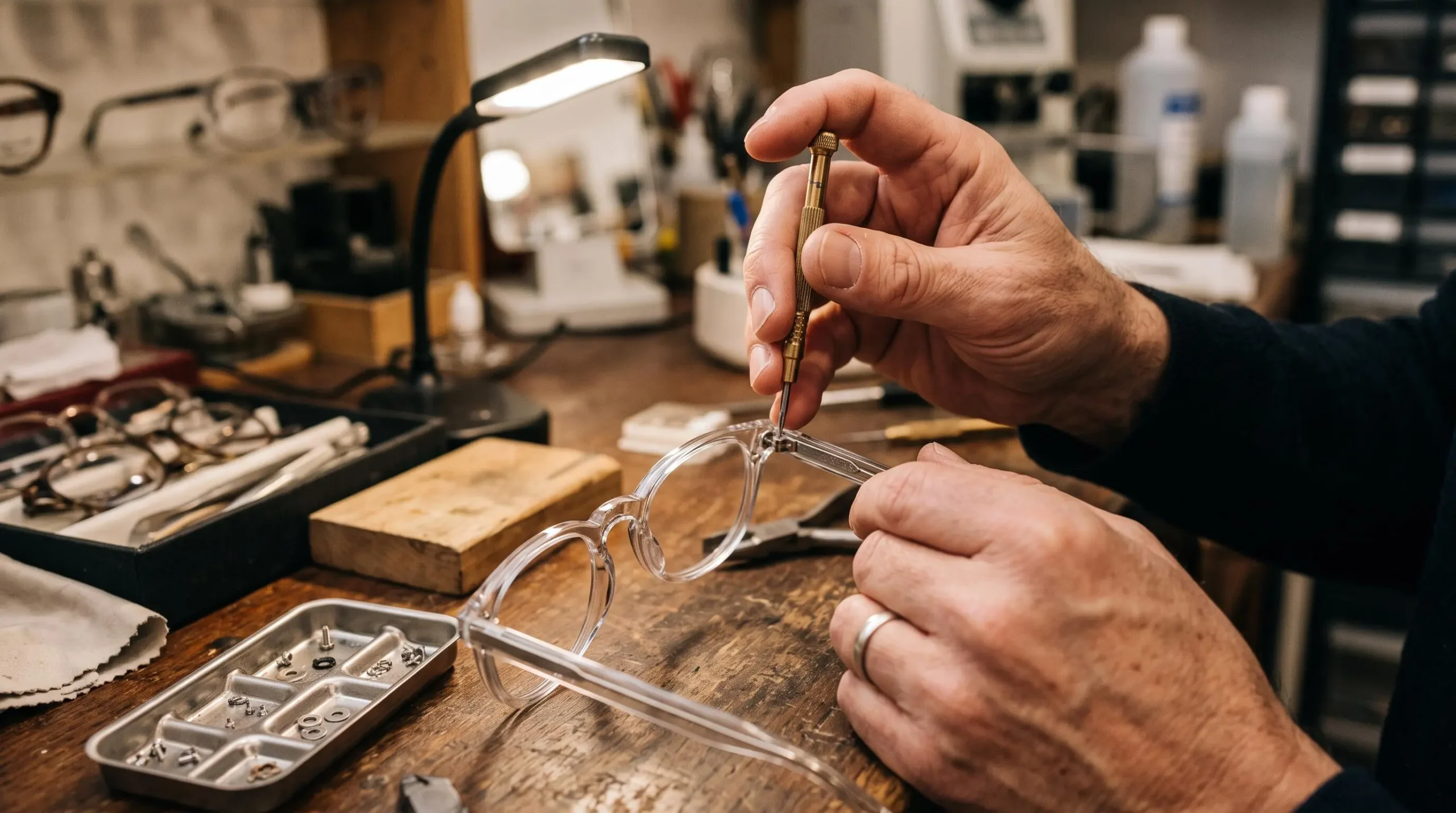 Un opticien ajuste la charnière métal d'une monture en acétate clair à l'atelier.