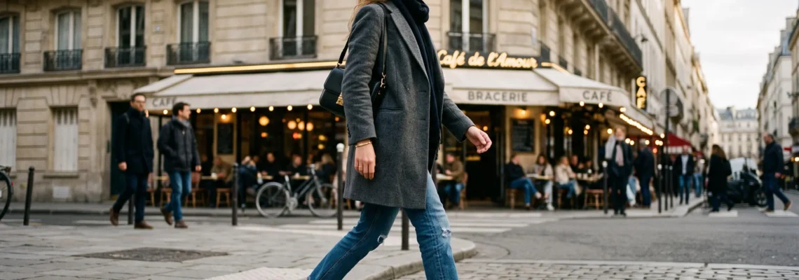 Une femme marche en ville avec des baskets montantes blanches, un jean et un manteau.