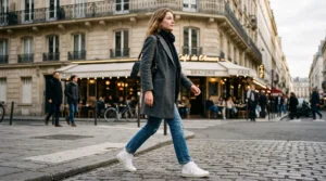 Une femme marche en ville avec des baskets montantes blanches, un jean et un manteau.