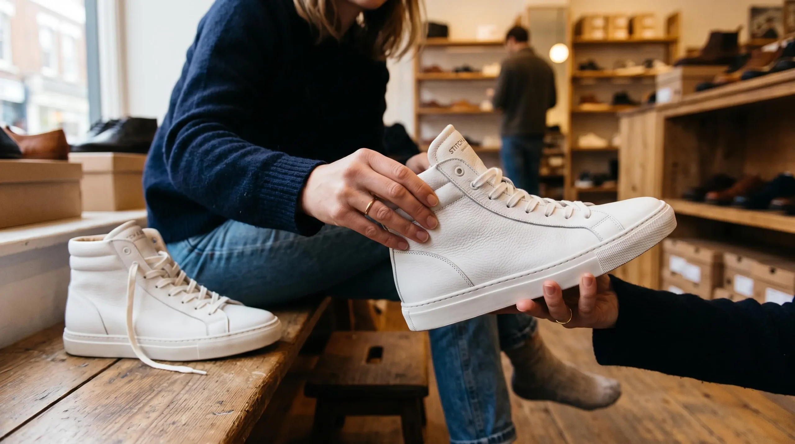 Des mains examinent une basket montante blanche dans une boutique de chaussures.