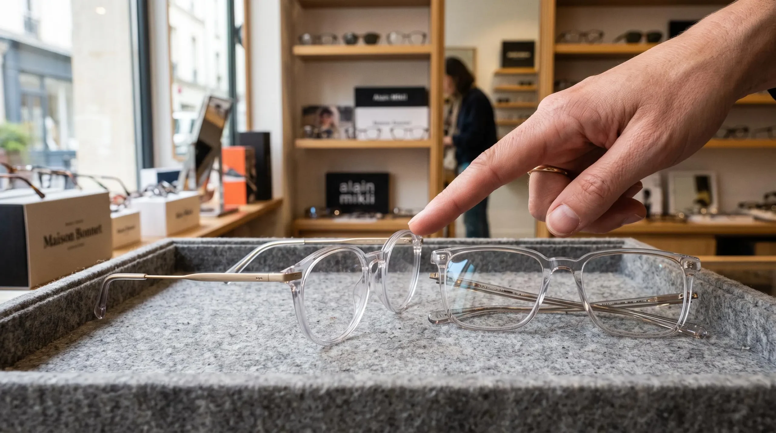 Deux montures transparentes bimatériau de formes différentes sur une vitrine d'opticien.