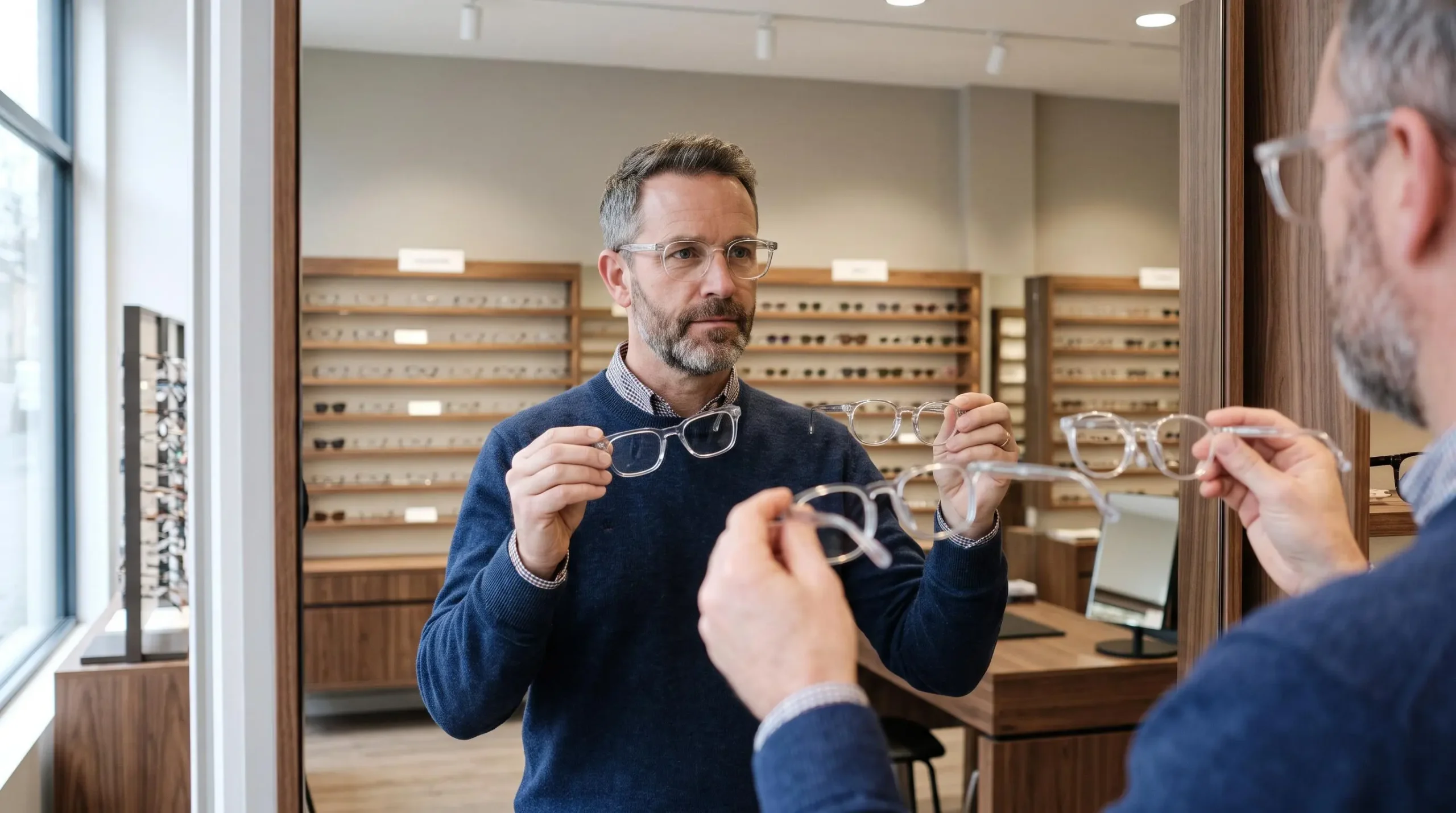 Un homme compare plusieurs montures transparentes devant le miroir d'un magasin d'optique.