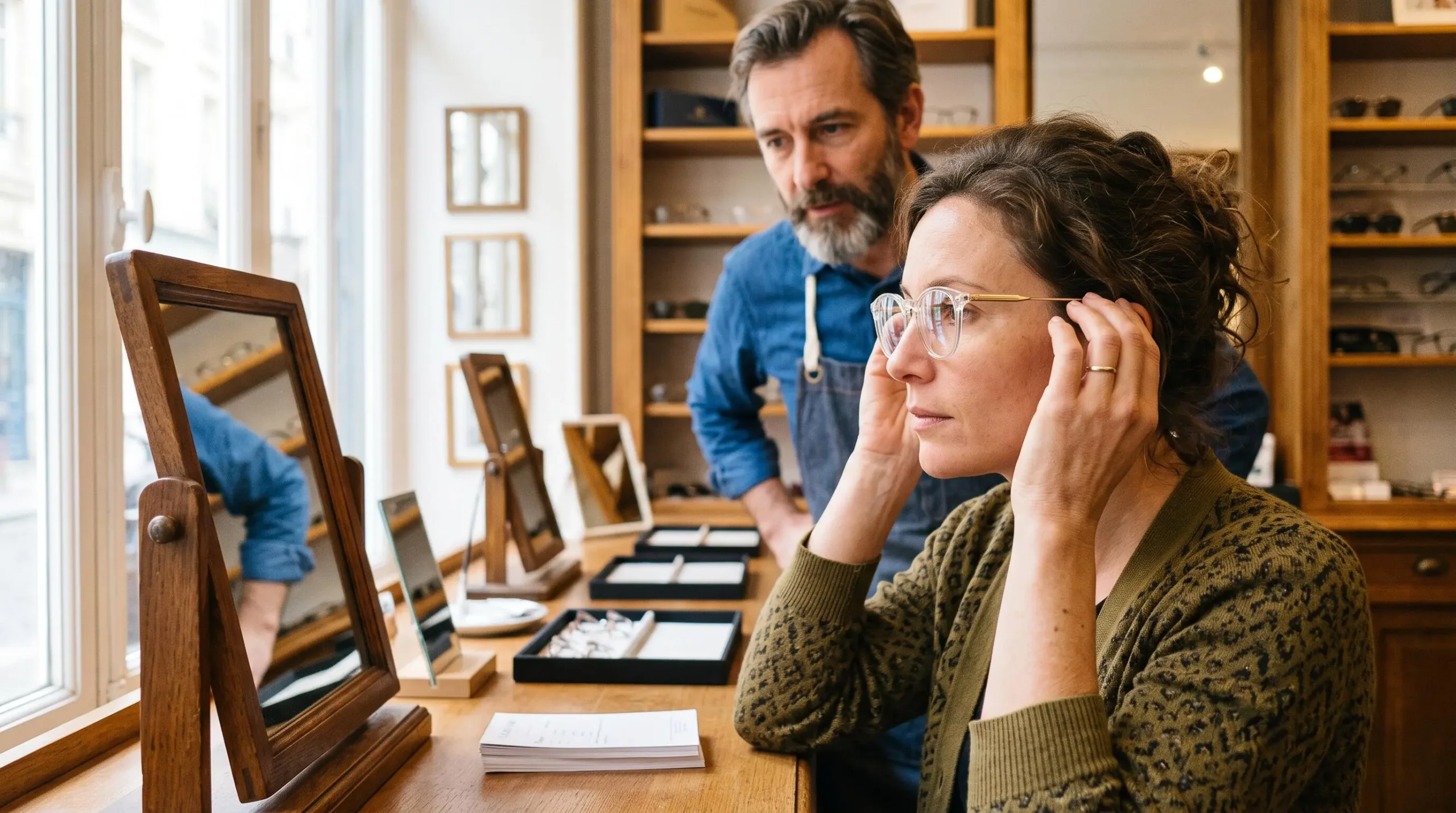 Une cliente essaie une monture transparente bimatériau devant un miroir en optique.