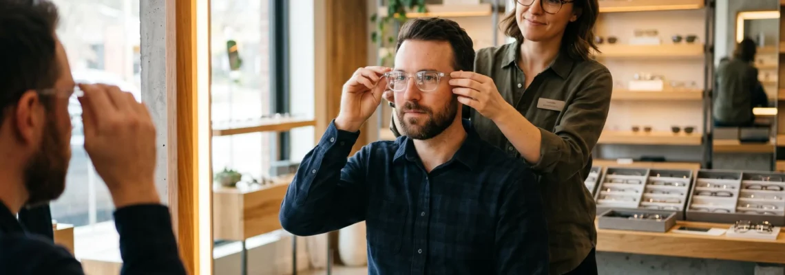 Un homme essaie une monture de lunettes transparente devant un miroir avec un opticien.