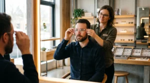 Un homme essaie une monture de lunettes transparente devant un miroir avec un opticien.