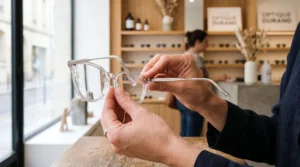 Un opticien présente une monture transparente associant acétate clair et métal.