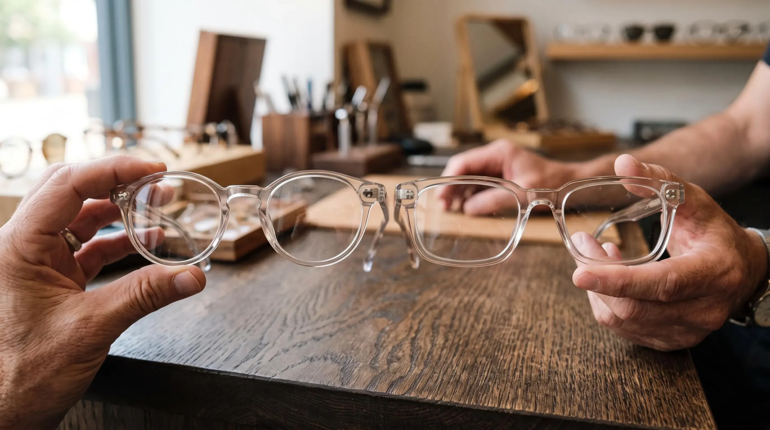 Deux montures transparentes de formes différentes tenues au-dessus d'un comptoir d'opticien.