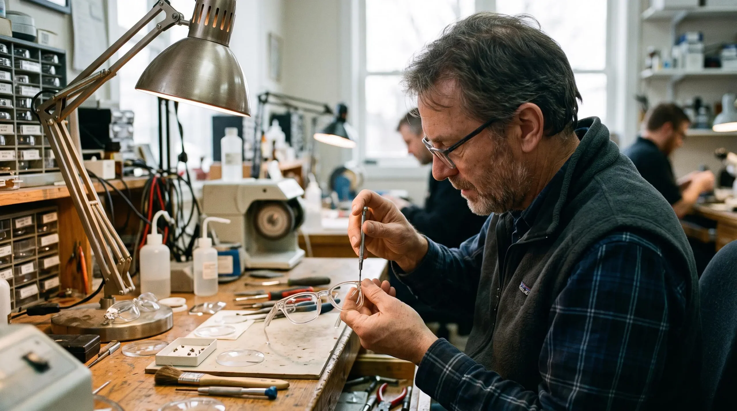 Un opticien monte des verres correcteurs sur une monture transparente à son établi.
